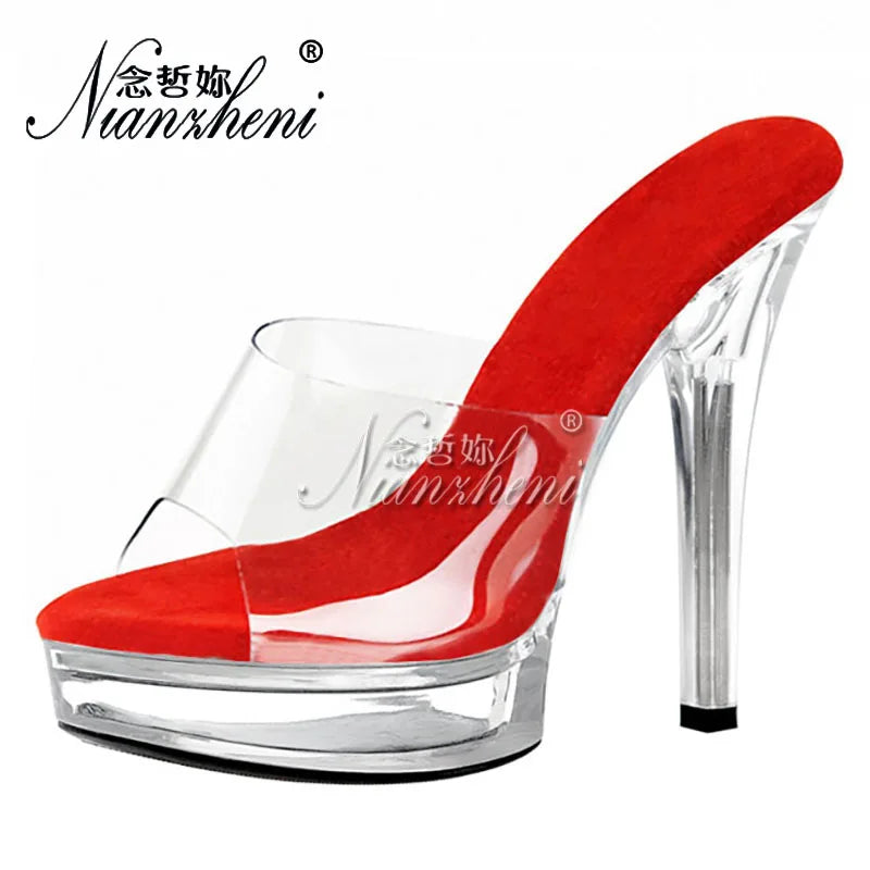 Ciabatte sexy e alla moda con plateau trasparente in cristallo da 13 cm, sandali da festa con tacco alto da 5 pollici, scarpe da spogliarellista per matrimoni, scarpe da posa