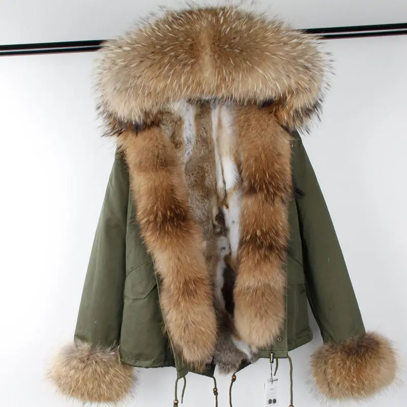 Nuovo cappotto invernale da donna 2024, parka, giacca, grande, collo in pelliccia di procione, cappuccio, fodera in pelliccia di coniglio rex staccabile, stile di marca, marchio di alta qualità