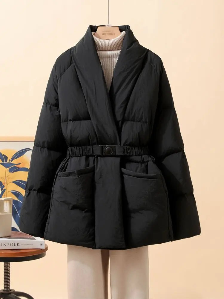Nuovo cappotto invernale da donna in cotone, caldo, tinta unita, con scollo a V, vita arricciata, parka con cintura.