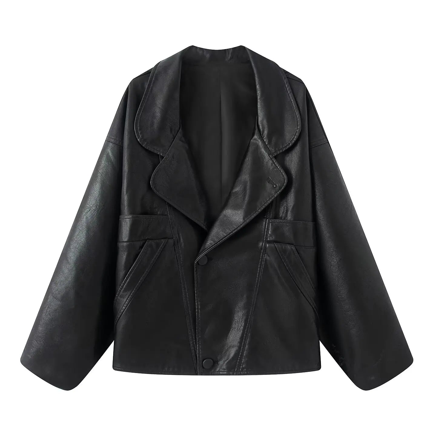 2025 Autumn American Retro Women Washing Black PU Leather Jacket Lapel 3 Buttons Full Sleeve Oversize Coat Loose Short Outerwear