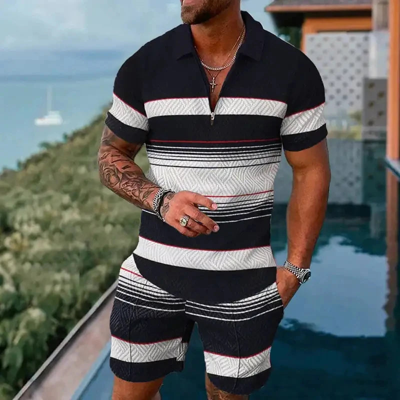 Completo estivo vintage casual a righe con stampa 3D, composto da polo, polo con cerniera e colletto, pantaloncini con cerniera, stile vacanze hawaiane da uomo.