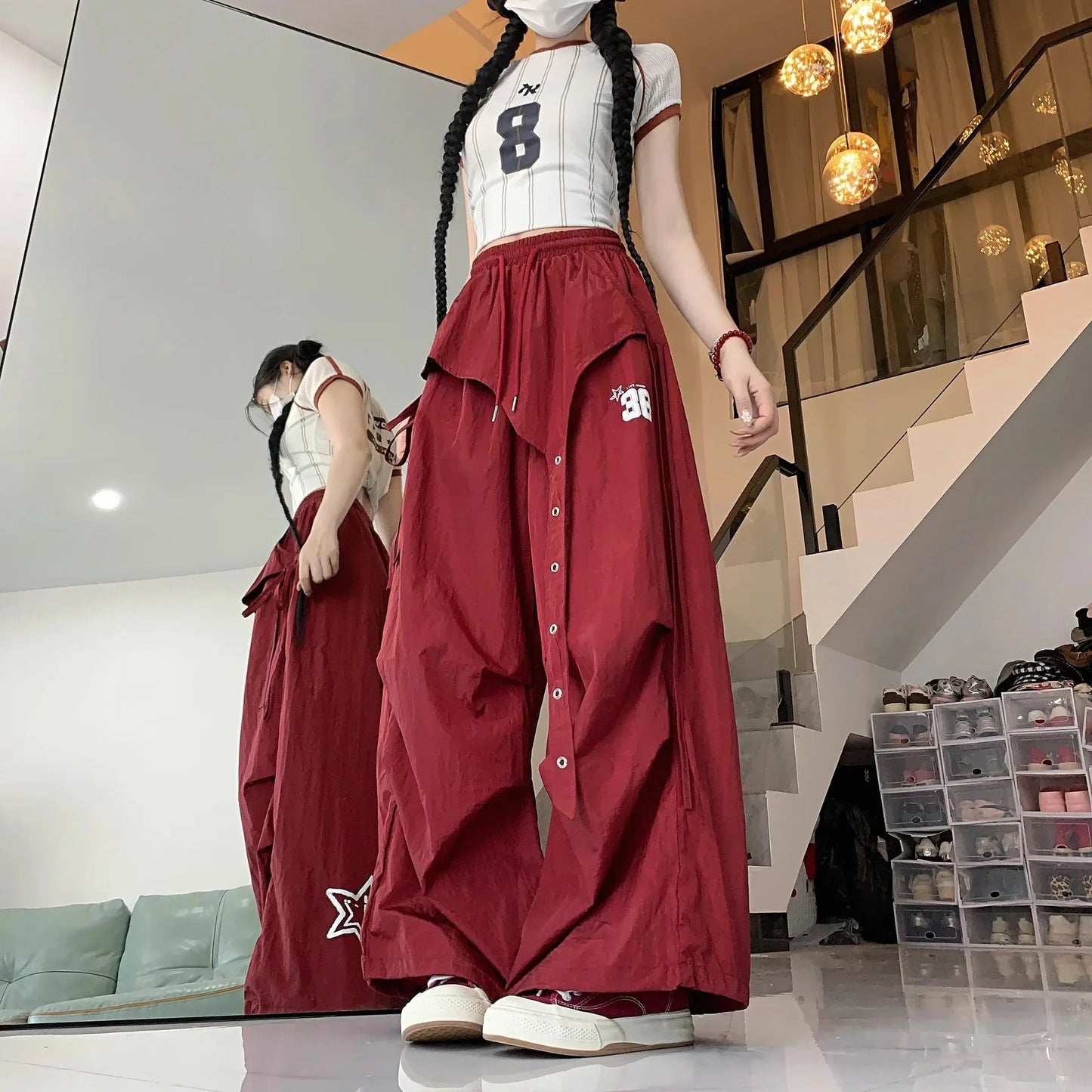 Pantaloni da lavoro casual ad asciugatura rapida in stile americano per street dance, da donna, estivi, hip hop, jazz, a gamba larga, sportivi, lunghi.