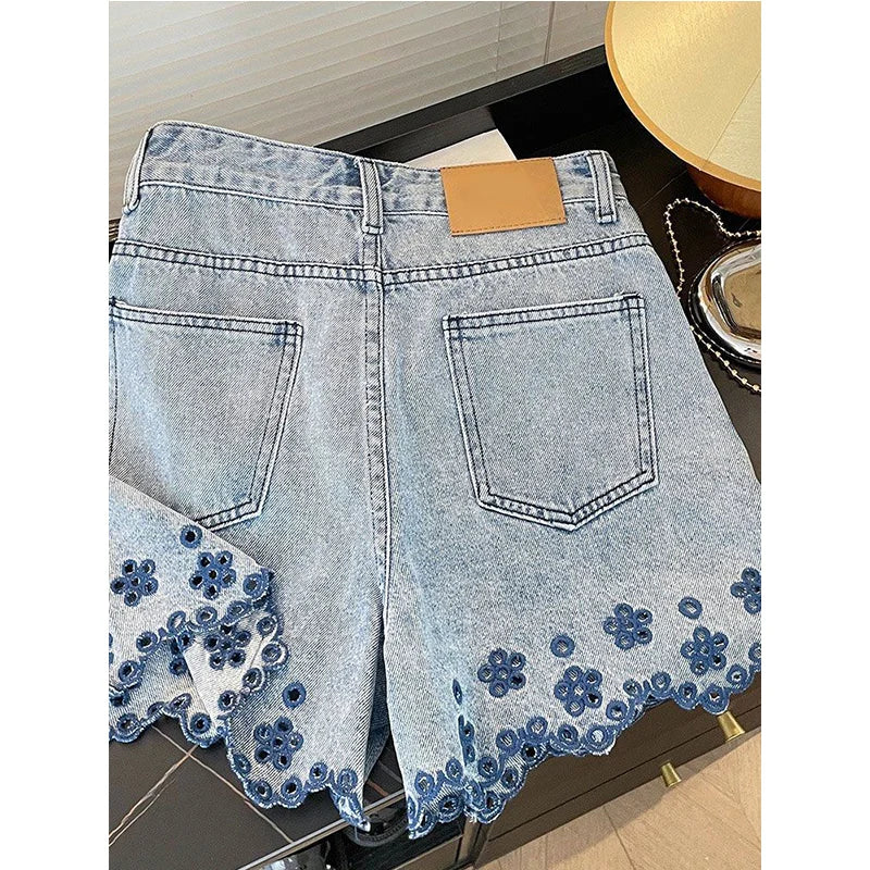 Female Korean Embroidered Ruffles High Waist Jeans Summer Trend Sexy Buttons Slim Shorts Women Clothes All-match Pocket Pants