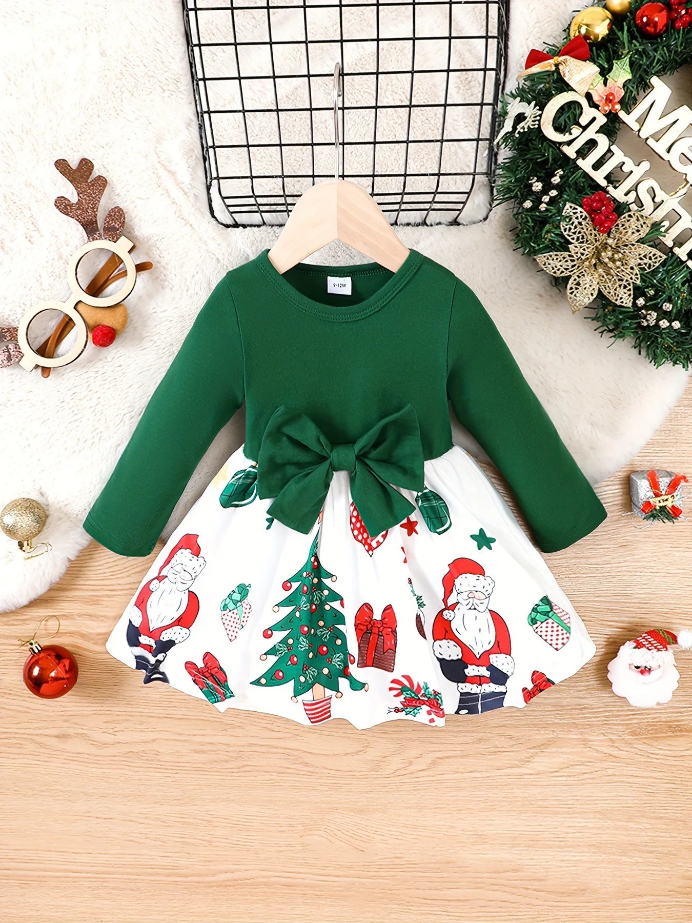 Ceeniu Il mio primo Natale Abiti da bambina Abito verde patchwork natalizio stampato Costume di Capodanno per neonati