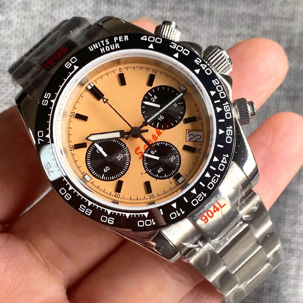Orologio cronometro Tandorio da uomo, 39 mm, movimento al quarzo VK63, quadrante grigio, vetro zaffiro, cronografo completo, bracciale in acciaio inossidabile 316L, cinturino in gomma.