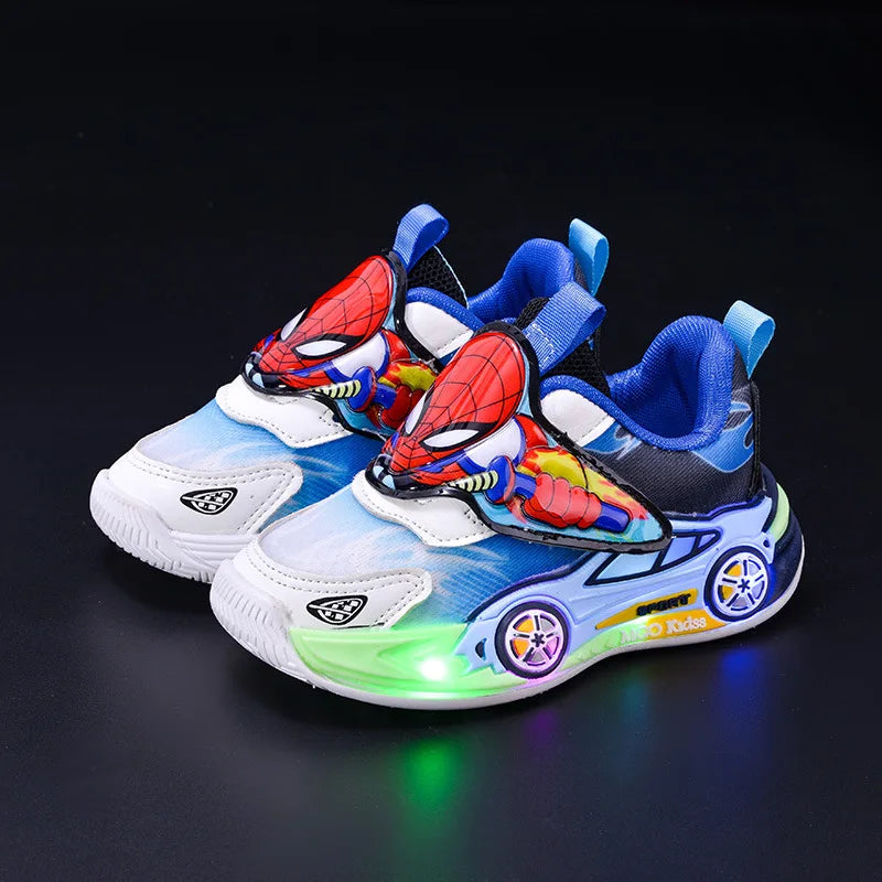 Scarpe casual per bambini con luci LED, motivo cartoni animati, in mesh, autunnali, per sport all'aria aperta, traspiranti e antiscivolo, nere e blu, taglie 21-30.
