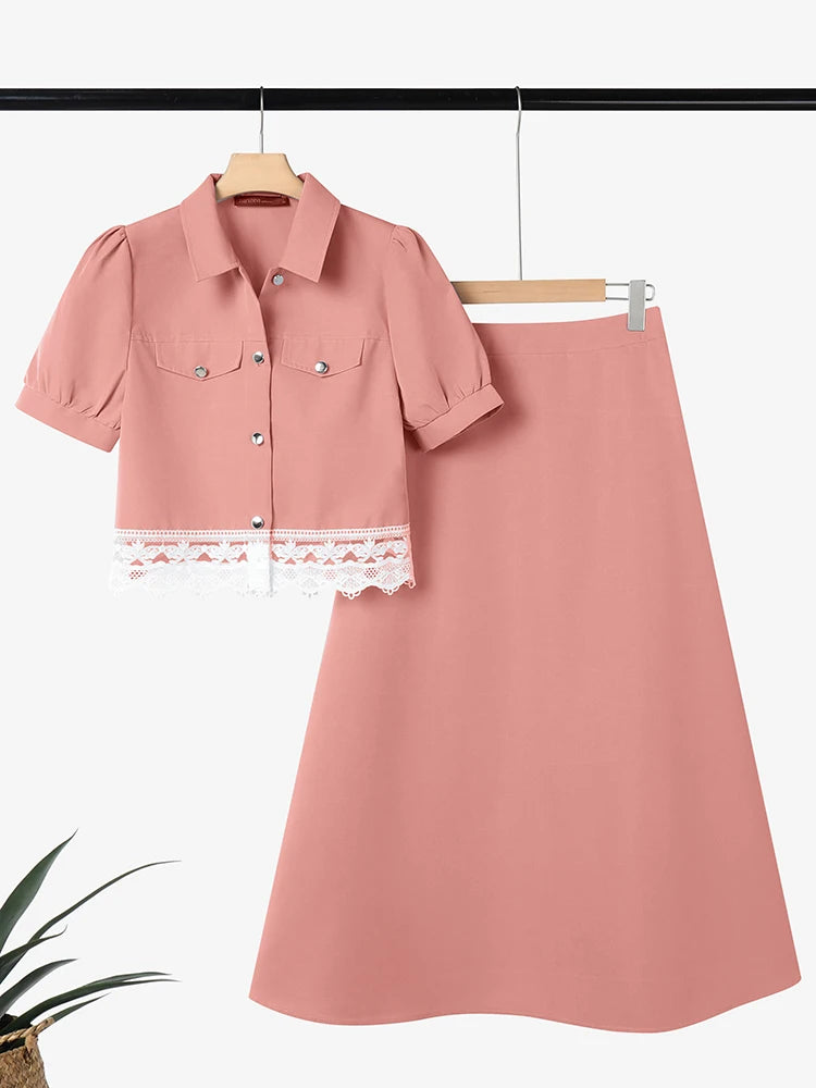 ZANZEA Elegant Lace Dress Sets Women Short Sleeve Shirts and Long Skirts Casual 2 Piece Outfits Korean Loose Streetwear 2PCS