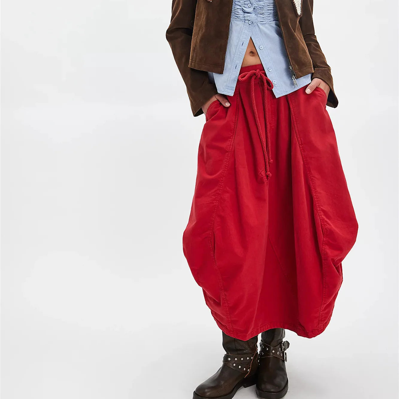 Women Y2k Cargo Parachute Long Skirt Asymmetrical Hem Pleated Bubble Maxi Skirts with Pockets Spring Fall Vintage Streetwear