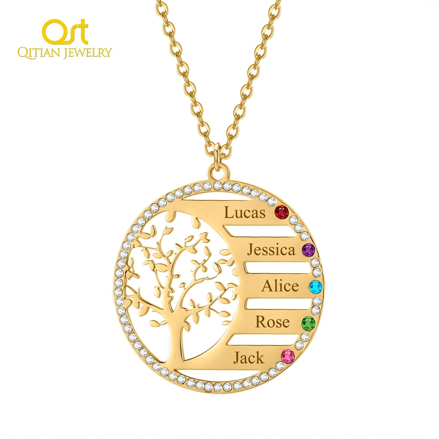 Collana personalizzata con nome dell'albero genealogico e ciondolo in cristallo con pietra portafortuna. Incisione del nome, catena in acciaio inossidabile, gioiello, regalo di Natale.