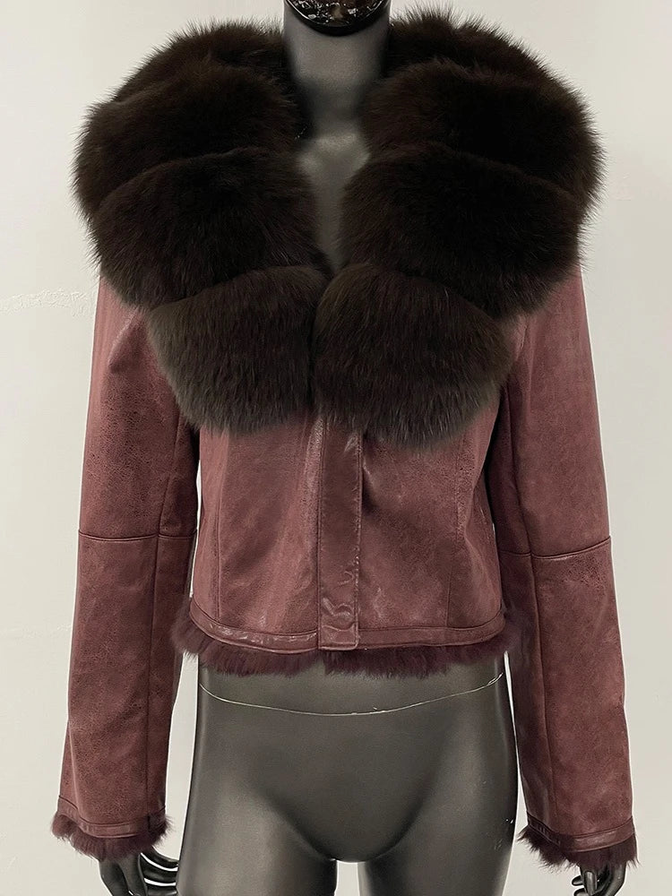 OFTBUY Cappotto corto alla moda con collo in pelliccia di volpe naturale da donna, nuovo abbigliamento autunnale e invernale in pelliccia, giacca in vera pelliccia di coniglio con fodera in pelle scamosciata da donna