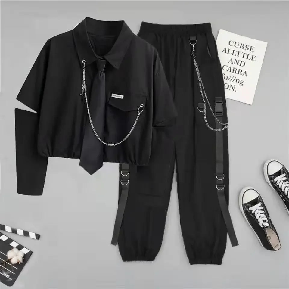 2 Two Piece Sets Outifits For Women New Suit Female Student Korean Loose Long Sleeve Shirt + High Waist Cargo Pants Joggers