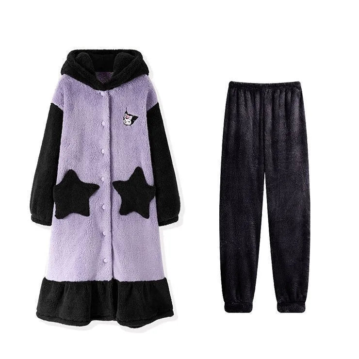 Plush Pajamas Night-Robe Suit Sanrioed Anime Kawaii Kuromi Coral Fleece Homewear Winter Long Style Thickened Nightgown Pants