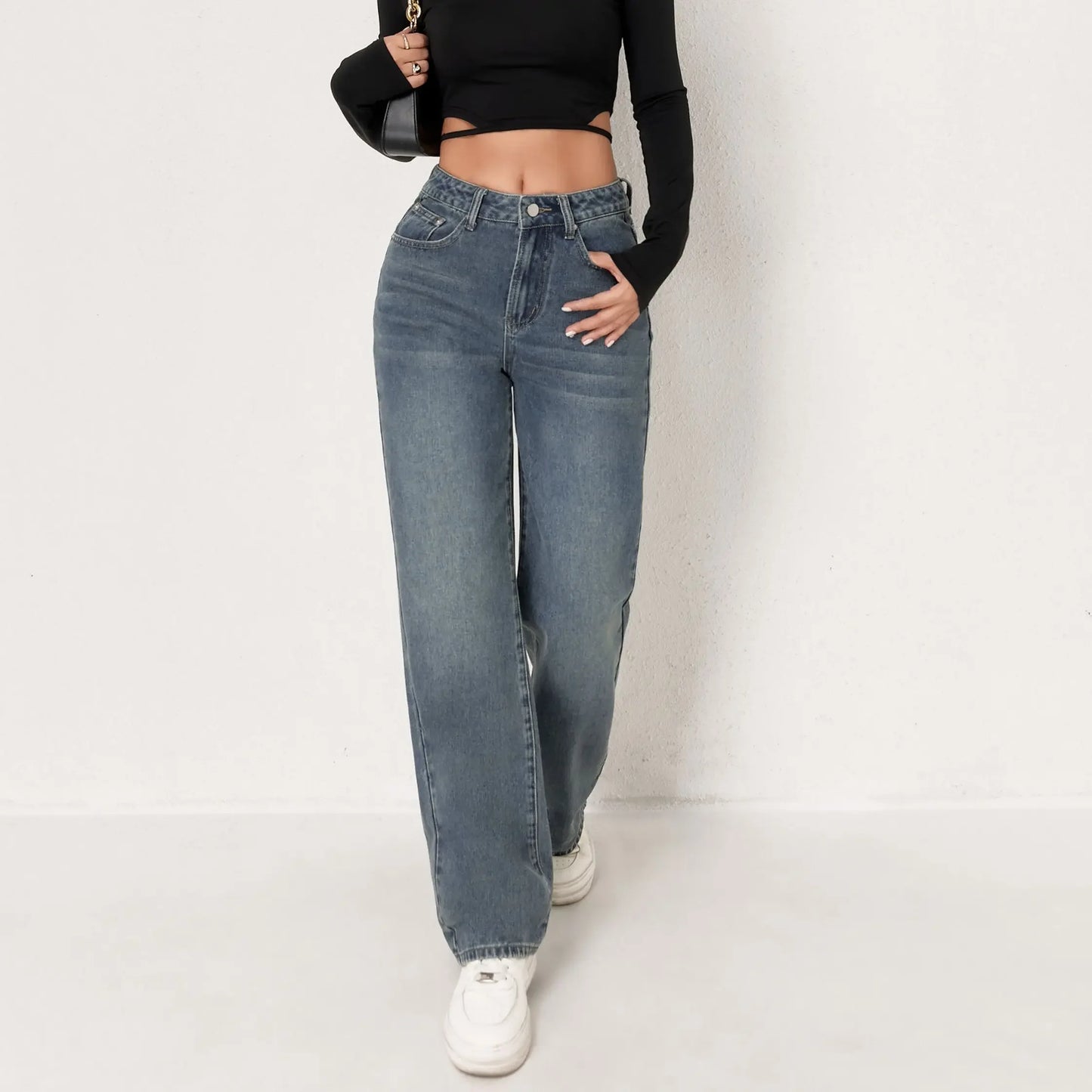 Jeans dritti a gamba larga effetto consumato alla moda per donna, pantaloni in denim casual elasticizzati a zampa d'elefante, bestseller, jeans da donna alla moda