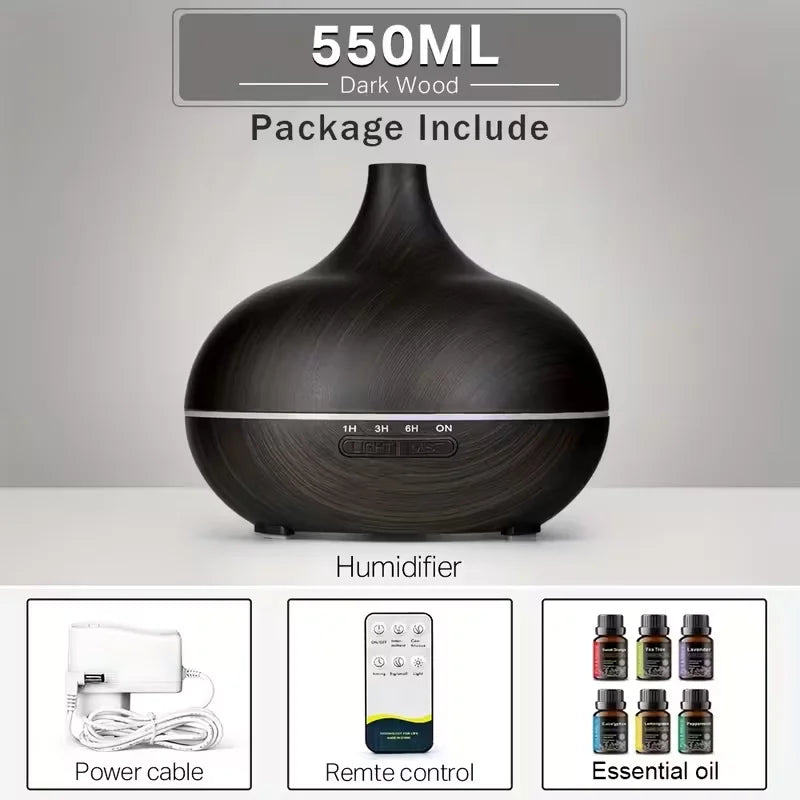 Diffusore di oli essenziali per aromaterapia con finitura effetto legno, telecomando, umidificatore ad ultrasuoni e luce LED a 7 colori.