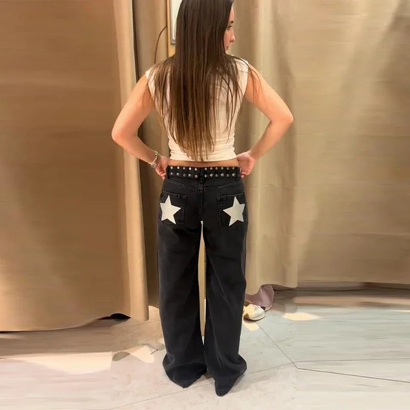 Star Women's Denim Wide-leg Pants Loose High-waist Buttons Glistening Long Trousers 2026 New Ladies Early Spring Solid Pant