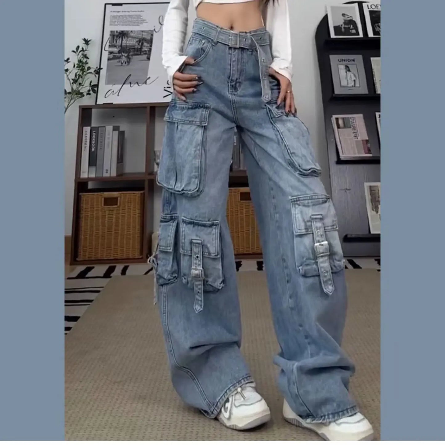 Jeans cargo multitasche stile vintage americano Y2k da donna, stile Gyaru, stile grunge anni 2000, pantaloni in denim dritto