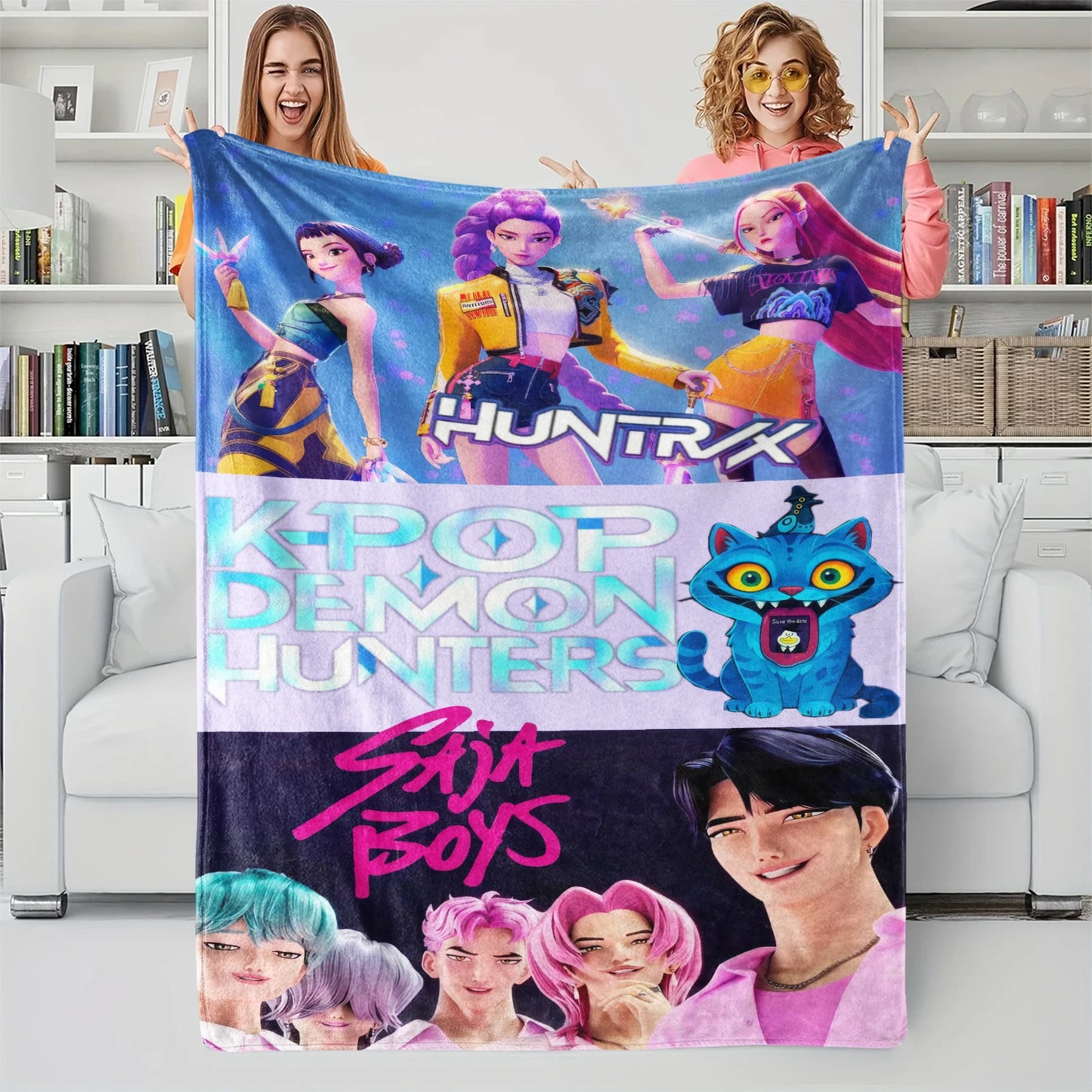 1 coperta in flanella con motivo gatto Huntrix, ideale per la camera da letto delle ragazze o per le vacanze.