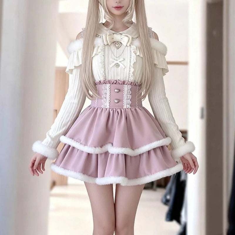 Japanese Sweet Girl Lolita Kawaii Outfits Women Bow Knitted Blouses + High Waist Skirts New Harajuku Lovely 2 Piece Sets Winter