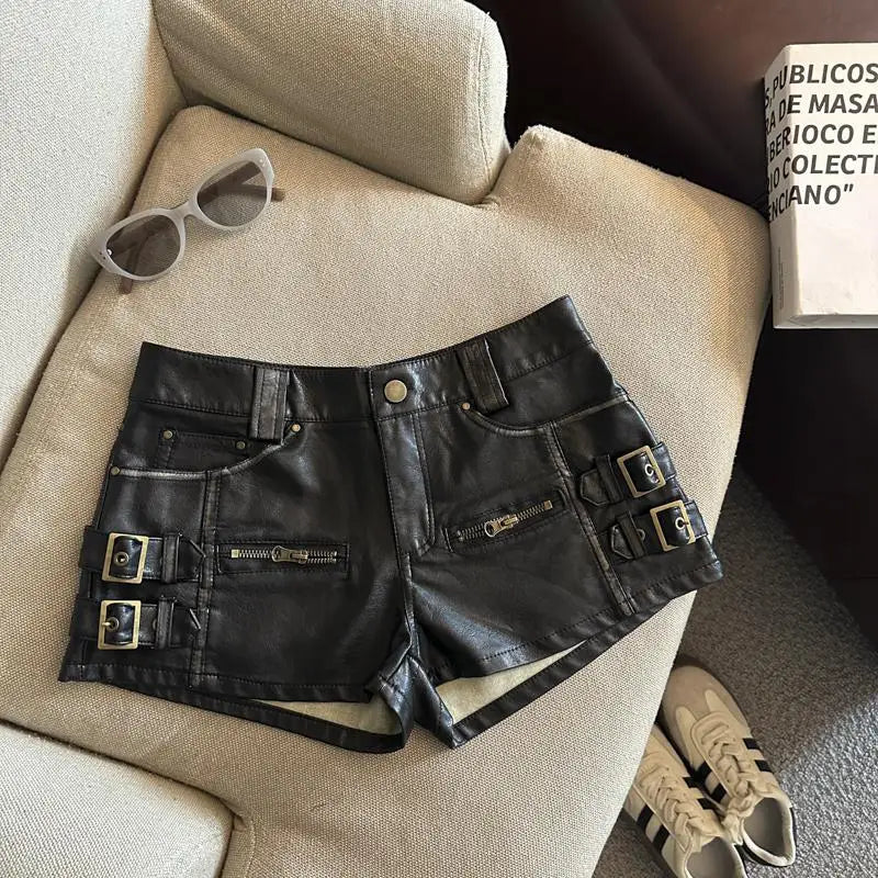 Women's Y2k Hot Girl Low Waist Pu Leather Shorts Lady Streetwear Faux Leather Slim Short Pants