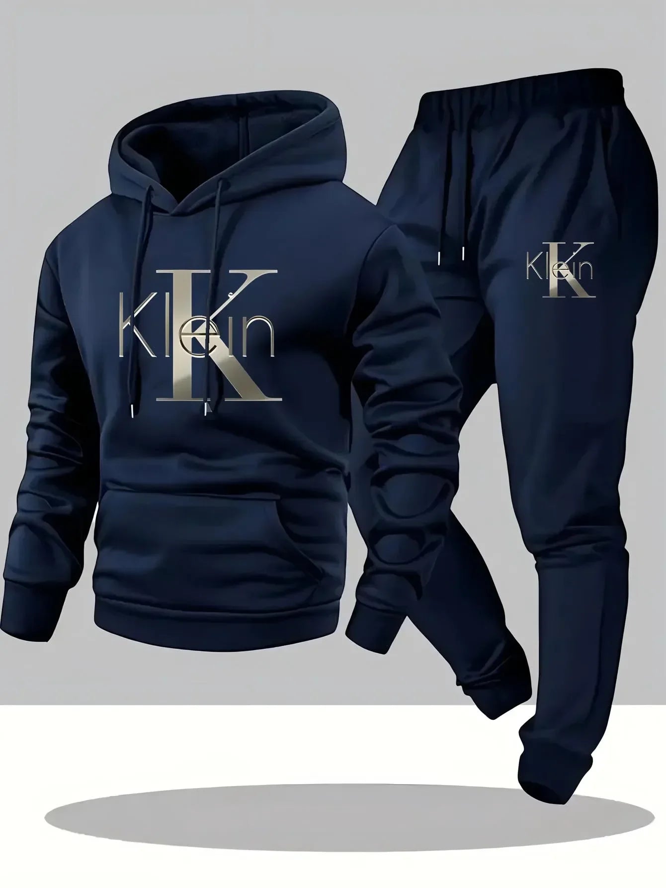 Completo casual da uomo a due pezzi con motivi autunnali e invernali, felpa con cappuccio, pantaloni lunghi con tasche, tuta sportiva per attività all'aperto.