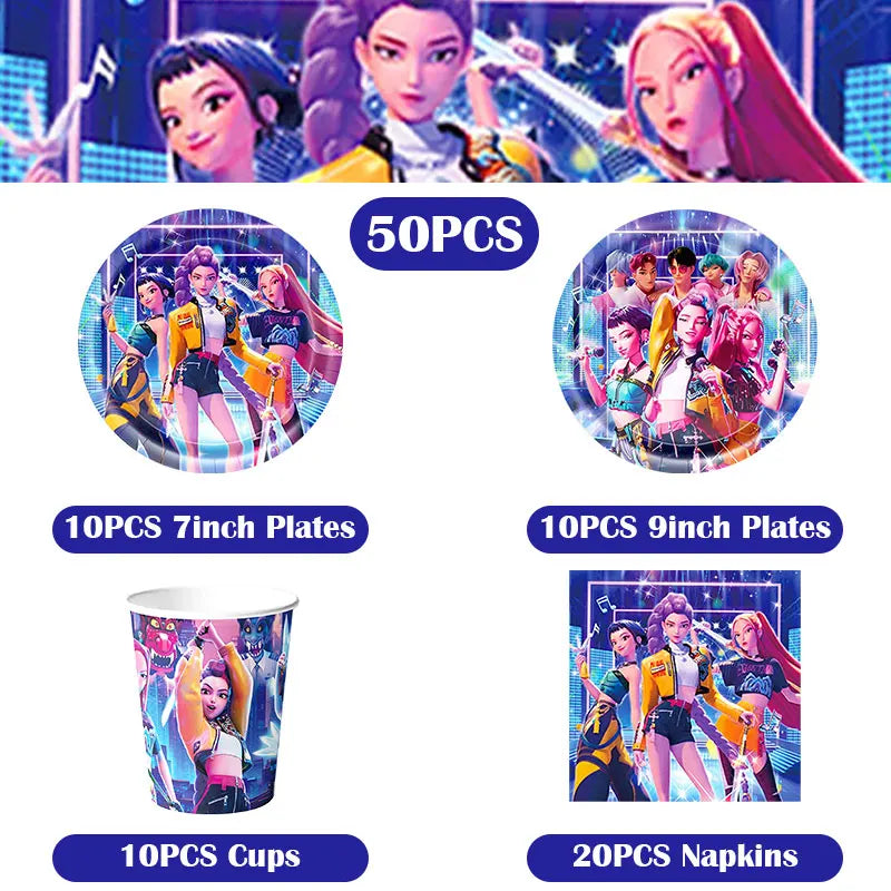 Kpop Demon Hunter Birthday Decoration Set Kpop Girl Cup Pate Happy Balloon Happy Banner Gift Bags Supplies for Kids Party Favors