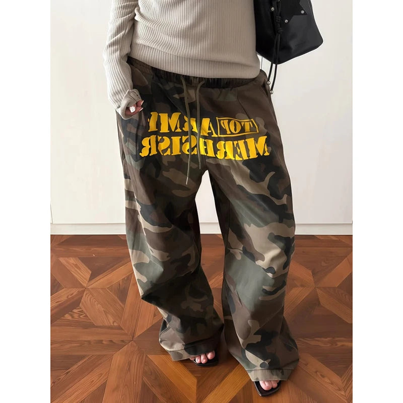 Pantaloni larghi mimetici da donna marroni, pantaloni oversize stile paracadute, stile Harajuku giapponese anni 2000, pantaloni vintage Y2k, abbigliamento autunnale