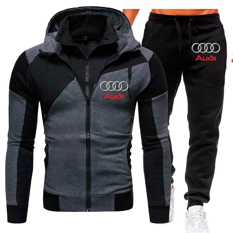 Tuta sportiva con logo Audi, set di 2 pezzi in pile caldo, felpa con cappuccio + pantaloni, tuta sportiva Audi da uomo