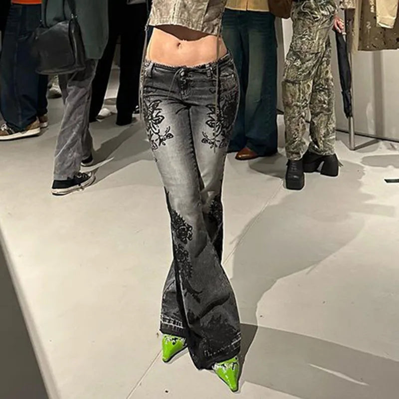 Jeans da donna New American Retro Street Style Stampa vegetale Lavato Vintage Pantaloni a zampa a vita bassa Trendy Versatile
