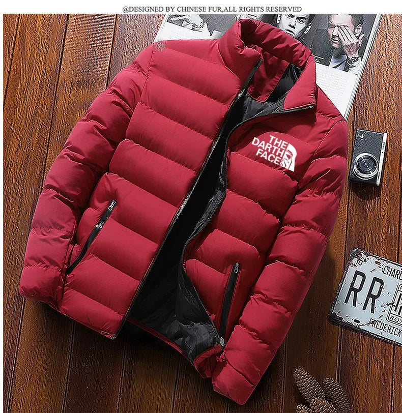 2024 men's trendy casual wear new warm parka winter coat solid color stand up collar zipper windproof cotton printed jacket
