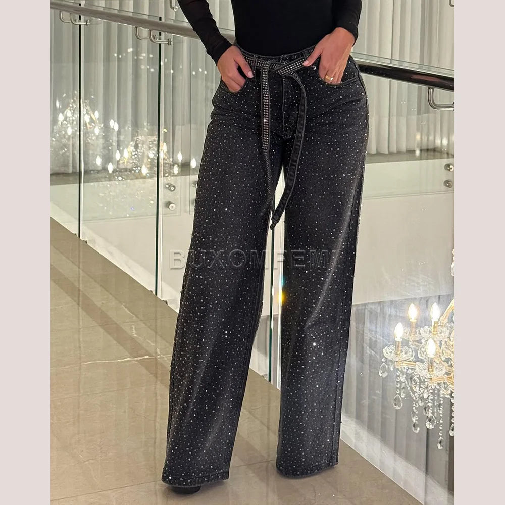 Women's Wide Leg Loose Jeans Drilled Straight Leg Pants 2025 Stylish Baggy Trousers Ladies Fashion Y2K Streetwear Outfit Bottoms