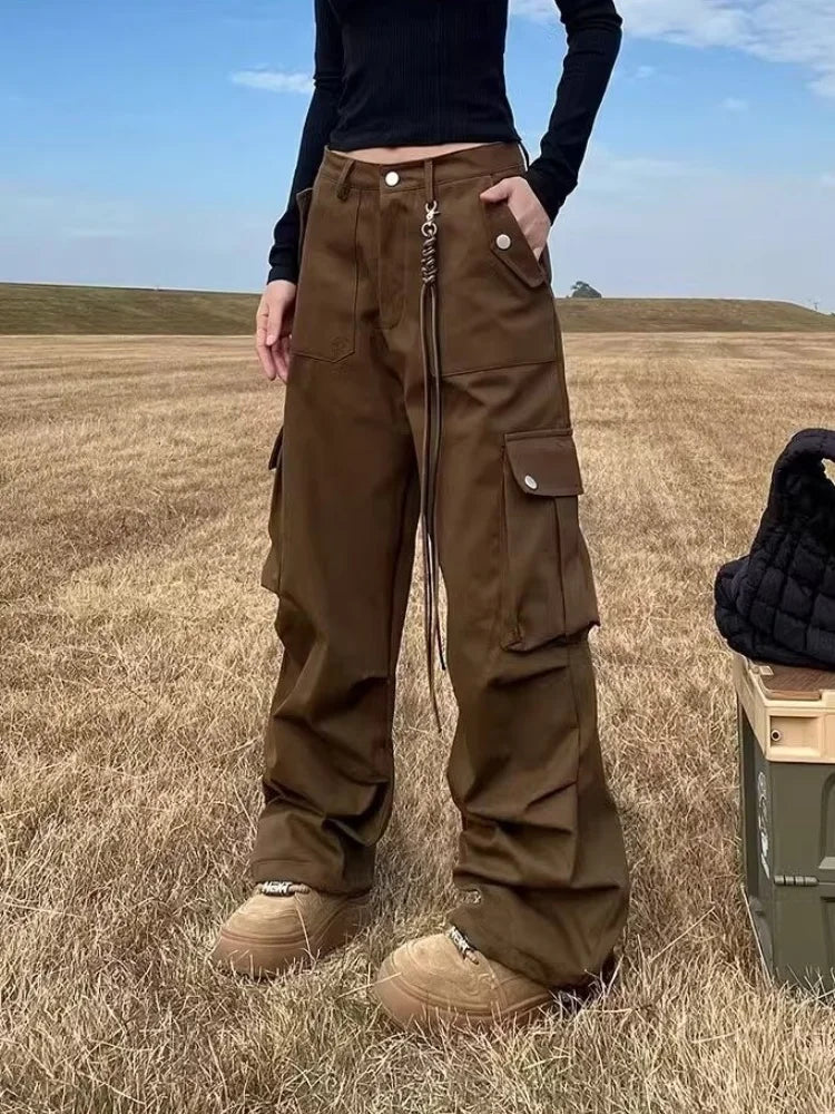 Pantaloni cargo larghi marroni multitasche Ropa Y2K Streetwear 2024 per donna, vestiti dritti in cotone hip hop, nuovi pantaloni da donna