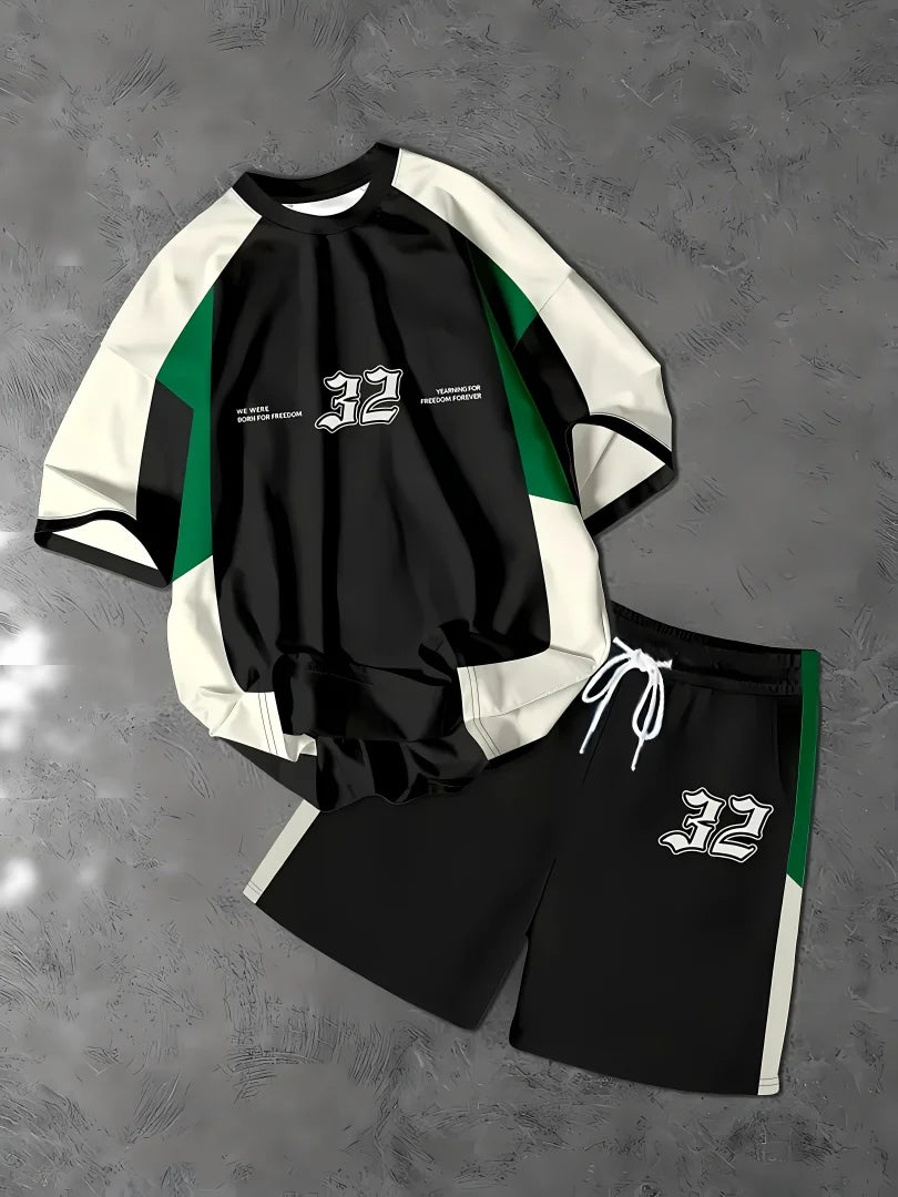 Completo estivo da uomo con pullover girocollo, t-shirt sportiva con stampa di lettere, pantaloncini a maniche corte morbidi, set due pezzi con t-shirt.