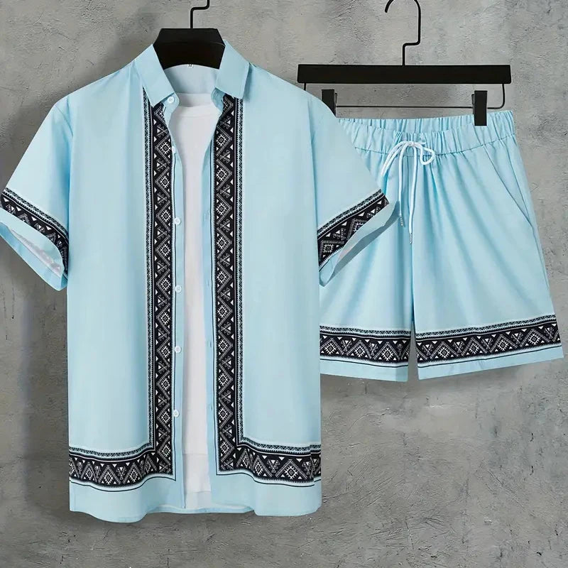 Completo da uomo per vacanze al mare alle Hawaii, composto da camicia a maniche corte e pantaloncini, con stampa paisley, traspirante e alla moda, ideale per feste.