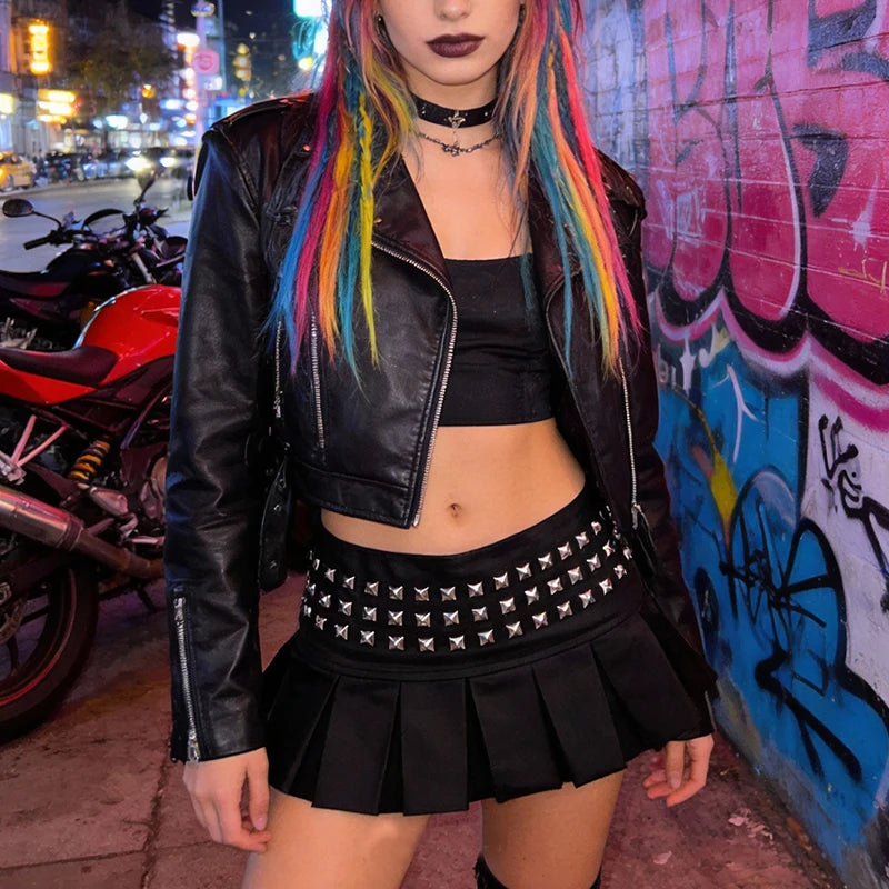 Sexy Spicy Girl Gothic Punk Rivet Decoration Pleated Short Skirt Side Zipper Low Waist Skirt European American Women's Clothing