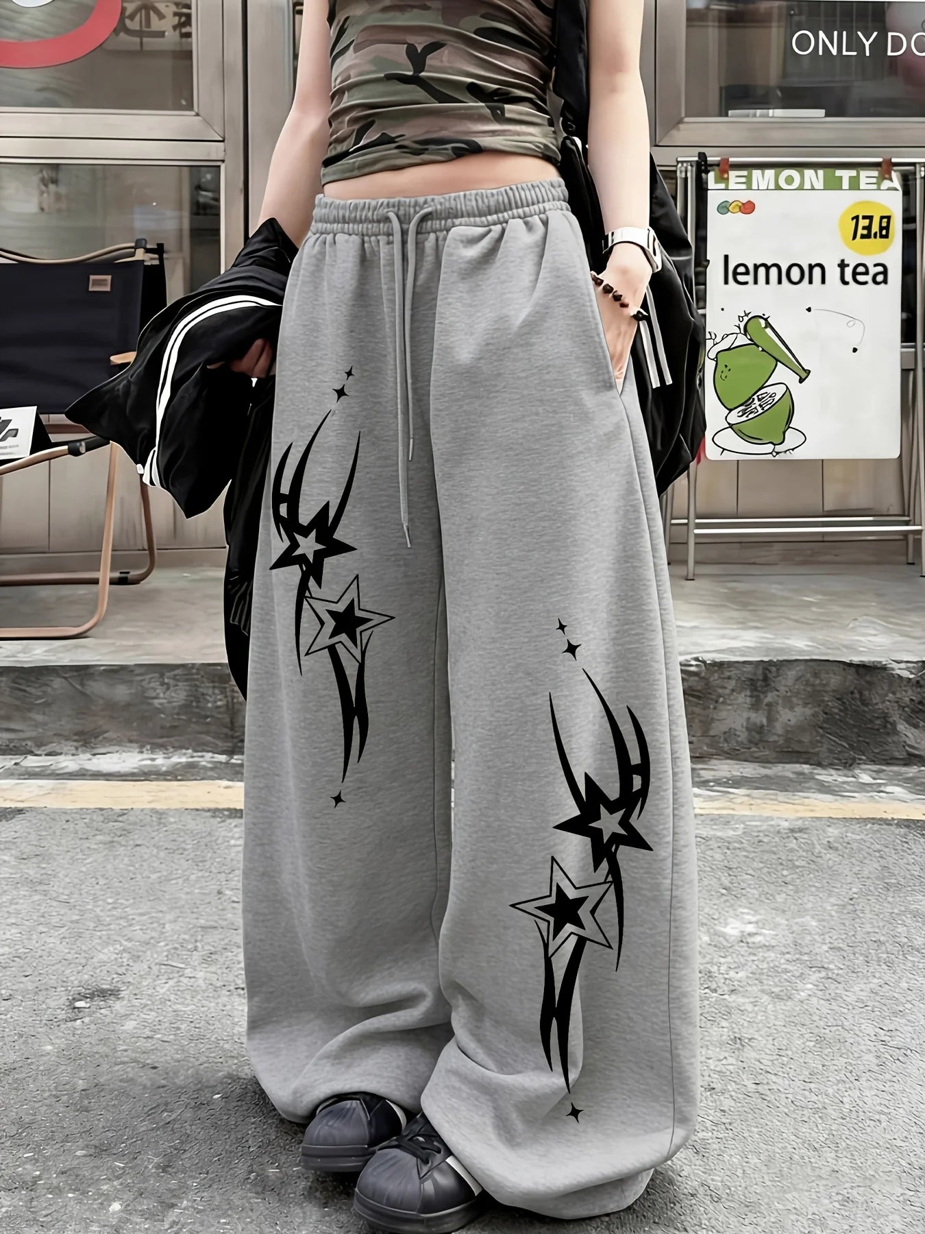 Pantaloni della tuta casual da donna in stile streetwear con stampa a stelle, nuovi arrivi per la primavera, in pile, vestibilità ampia, streetwear oversize