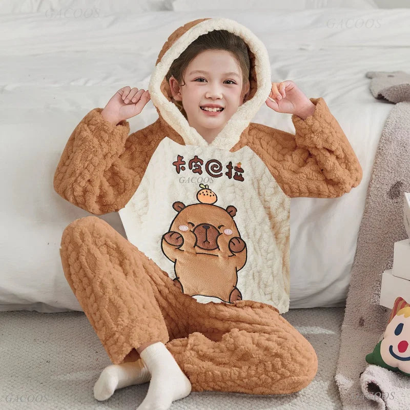 Pigiama invernale caldo per ragazzi con animali dei cartoni animati, set pigiama per bambini in pile di corallo, completo da casa in flanella con cappuccio, pigiama per ragazzi