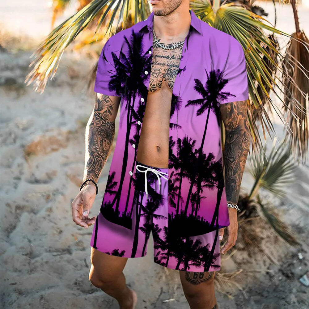 Completo da spiaggia hawaiano da uomo, 2 pezzi: camicia con stampa 3D, maniche corte, pantaloncini da spiaggia, camicia casual, set due pezzi alla moda per le vacanze.