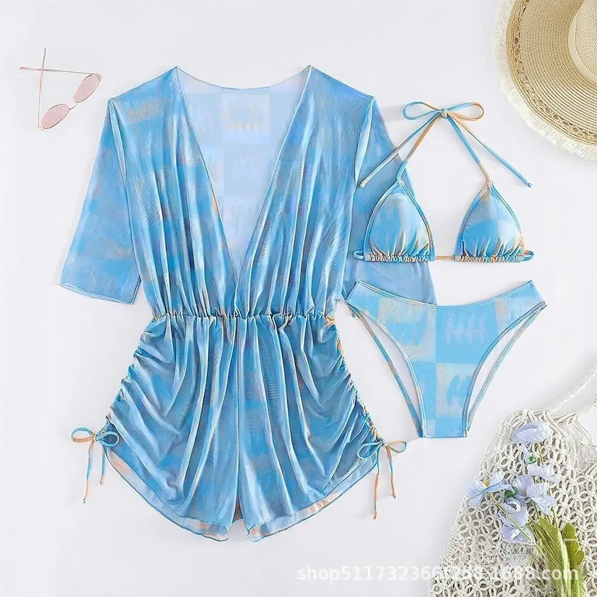 Conservative Leaf Print Bikini Three Piece Set Waist Cinching String Sports Style Beach Swimsuit High Elasticity Polyester