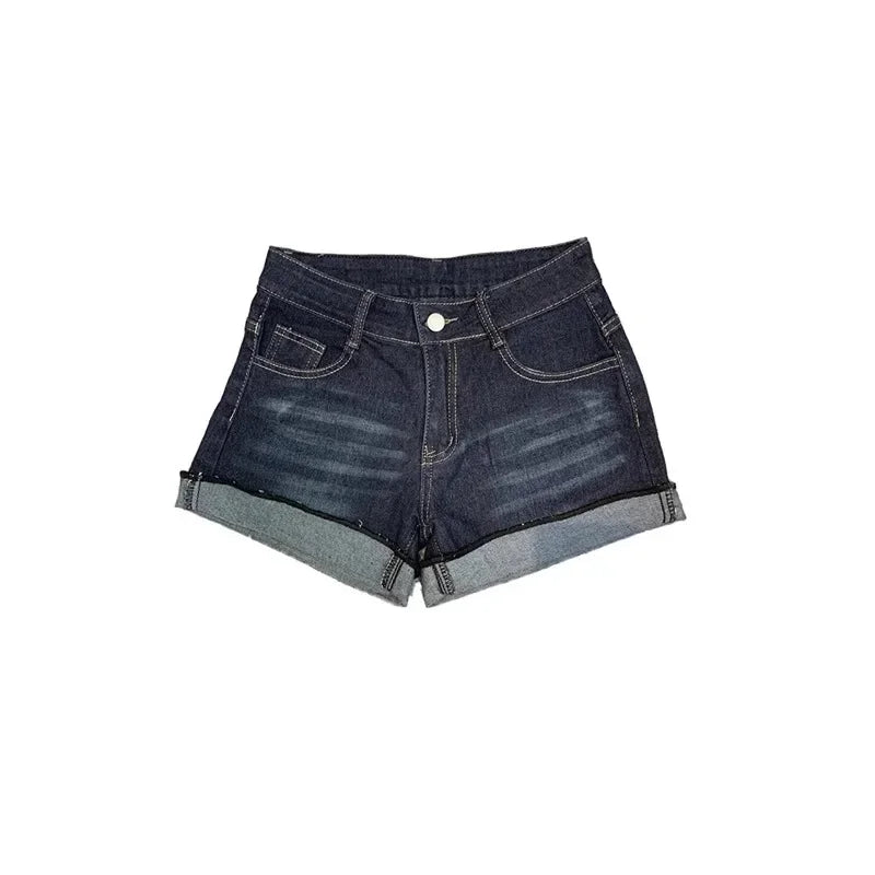 Plus Size Spicy Girl Denim Shorts Women's Summer Slim Fit Elastic Waist High Waist Cuffed Hot Pants Low Waist Chinese Origin