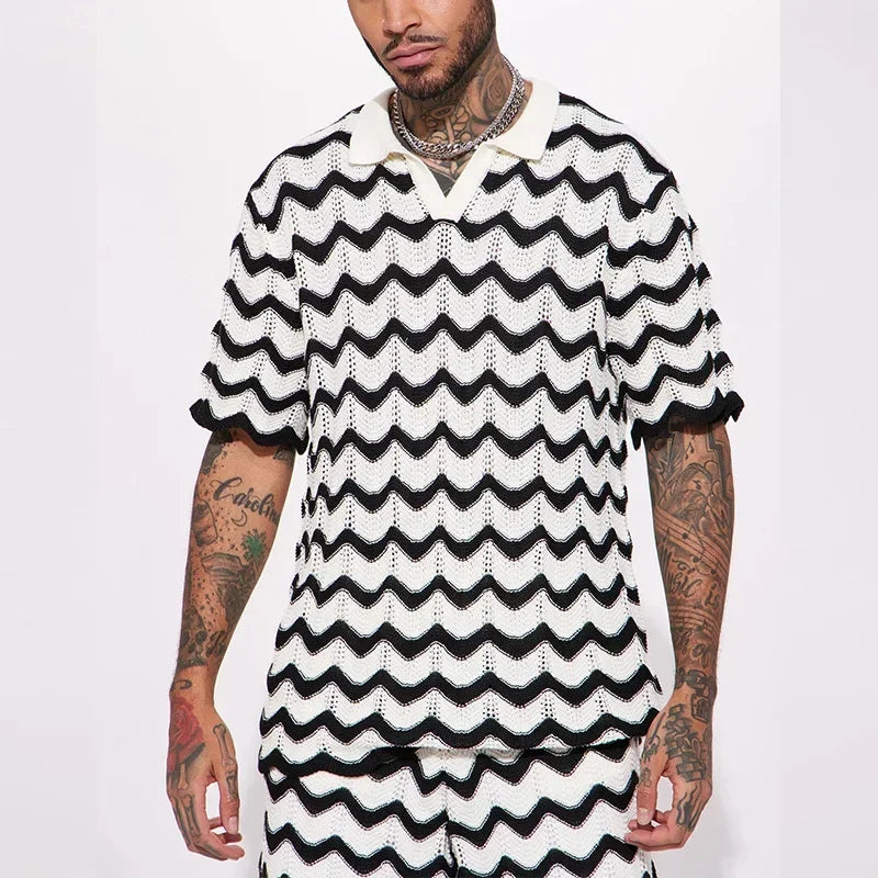 Completo estivo da uomo 2023, nuovo set composto da camicia e pantaloncini in maglia con stampa alla moda, due pezzi, abbigliamento sportivo e casual da uomo.