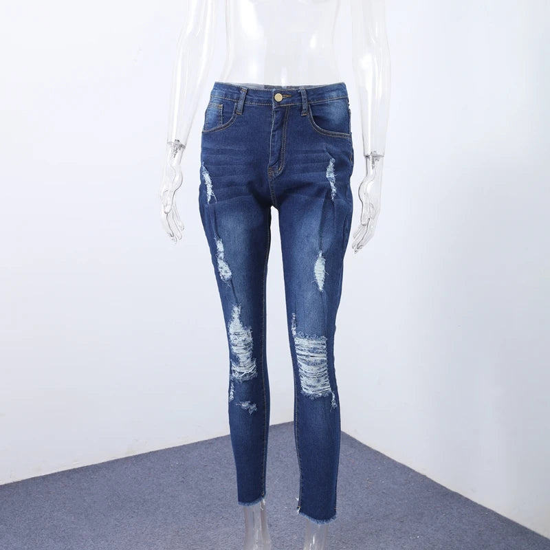 Women Ripped Jeans Tight Fitting Low Waist Skinny Zipper Pockets Woman Blue Denim Pants Lady Y2K 2026 Summer Hole Cropped Pants