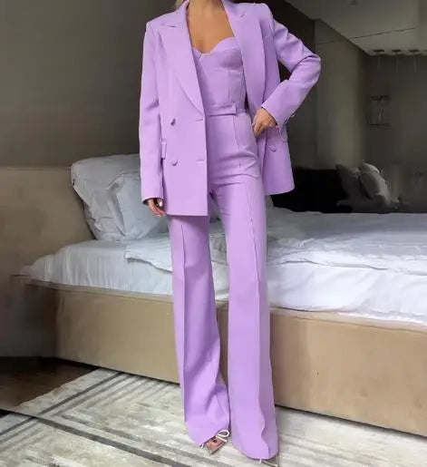 Completo da donna 3 pezzi 2025 autunno nuovo temperamento pendolarismo top corto con spalline sottili e pantaloni a vita alta con blazer a maniche lunghe