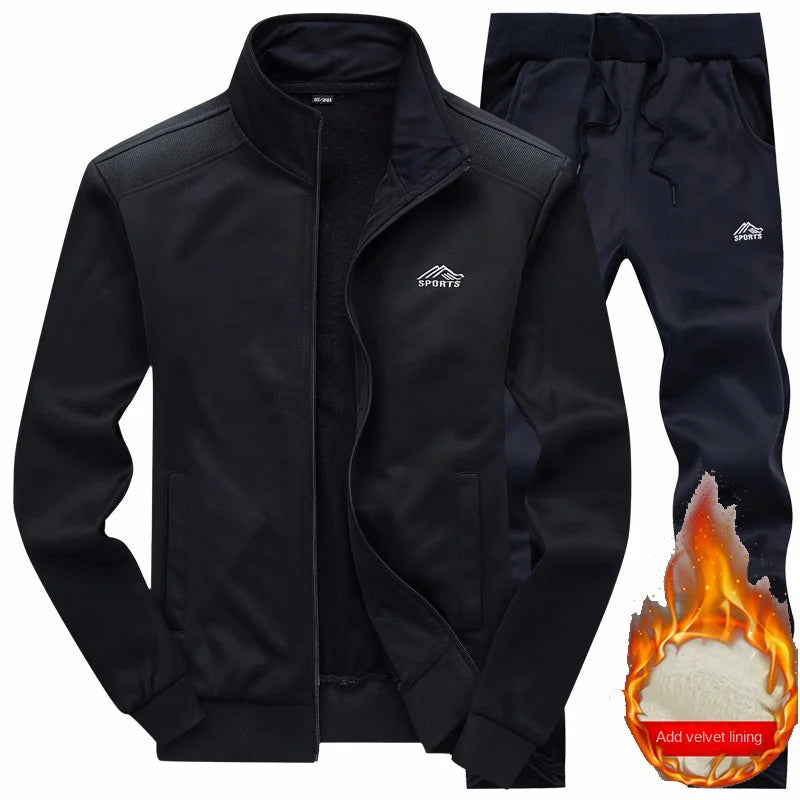 New set with plush and thickened warm embroidery cardigan, two-piece sports suit, men's long sleeved pants, knitted casual suit