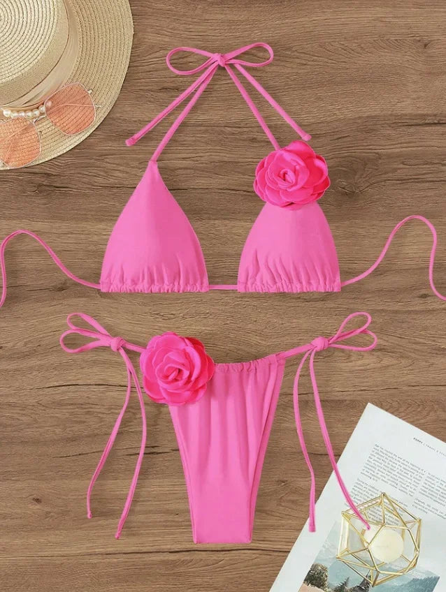 Set bikini sexy da donna, costume da bagno 2024, nero e bianco, stampa floreale 3D, micro bikini, costume da bagno brasiliano con ritagli, perizoma.