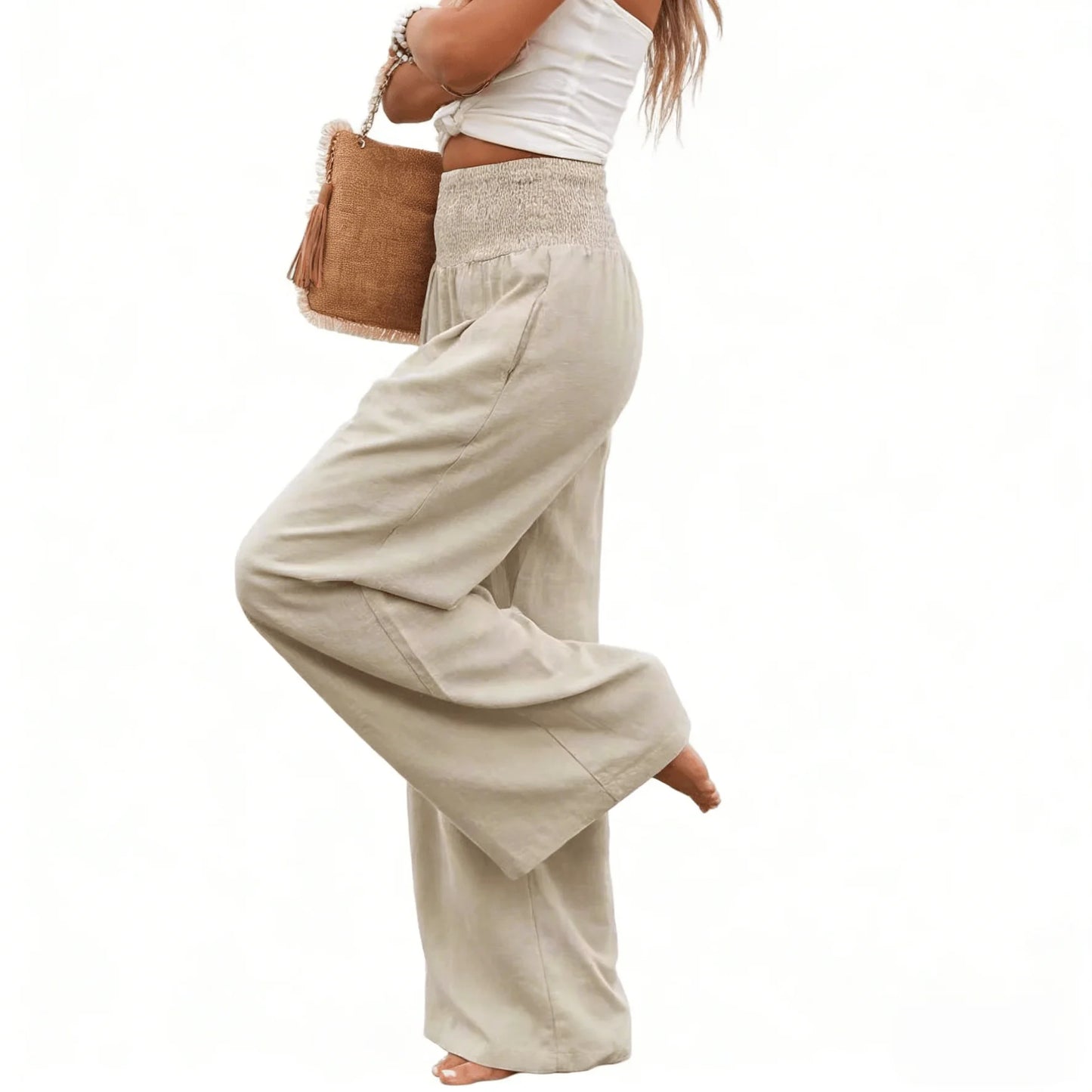 Women's Beige Waist Wide Leg Pants Smocked High Waist Pockets Loose Fit Casual Trousers Spring Summer Boho Beach Vacation Pants
