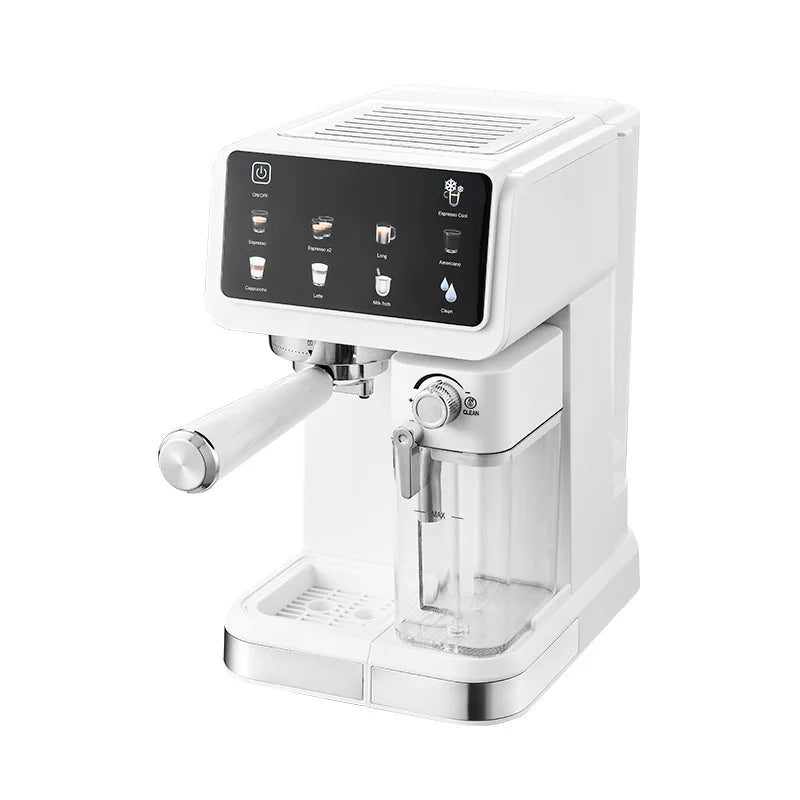 Macchina per espresso italiana per uso domestico, ad alta pressione, automatica per la schiumatura del latte, con schermo a colori intelligente integrato.