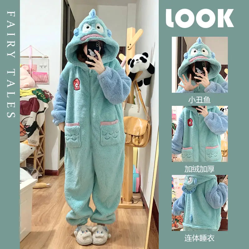 Kawaii Hangyodon Plush Siamese Pajamas Hooded Jumpsuit Pajamas Sanrioed Anime Cartoon Coral Velvet Homewear Thickened Nightgown