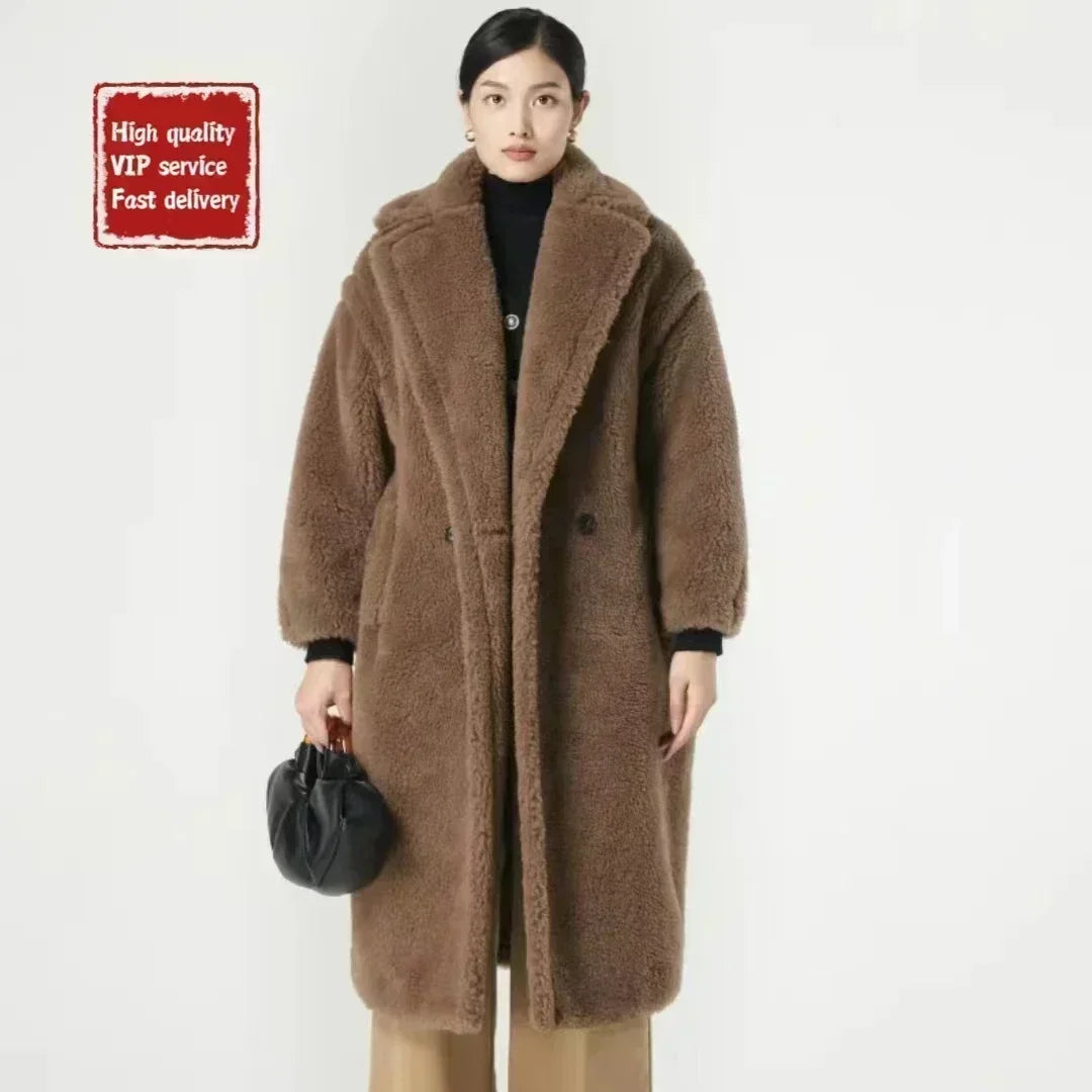 DUTRIEUX Women's Long Teddy Bear Coat, 2025 Winter New Style, Thickened Warm Alpaca Wool and Cashmere Long Genuine Fur Coat