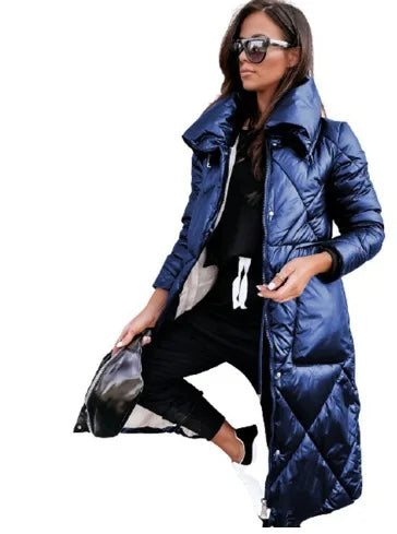 European American New Fashion Women's Solid Color Long Sleeve Stand Collar Quilted Coats Female Ankle Length Parkas Clothes Tops