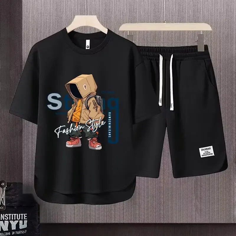 Completo estivo da uomo color kaki, stile americano, con t-shirt e pantaloncini stampati a cartoni animati, set di 2 pezzi, maglia a nido d'ape traspirante, abbigliamento sportivo da uomo.